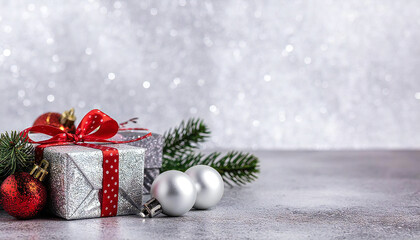 鮮やかな銀の背景。クリスマスプレゼント。ギフトイメージ。Bright silver background. Christmas present. Gift image.