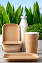 Biodegradable plates and cup arranged with plants and a milk bottle in a clean eco setting