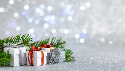 鮮やかな銀の背景。クリスマスプレゼント。ギフトイメージ。Bright silver background. Christmas present. Gift image.