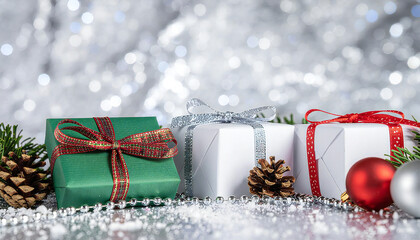 鮮やかな銀の背景。クリスマスプレゼント。ギフトイメージ。Bright silver background. Christmas present. Gift image.