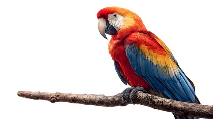Obraz premium Vibrant Scarlet Macaw Perched on a Branch, Showcasing Stunning Red, Blue, and Yellow Tropical Feathers Isolated on White Background