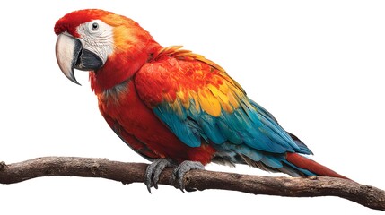 Vibrant Scarlet Macaw Perched on a Natural Branch with Bright Feathers on White Background