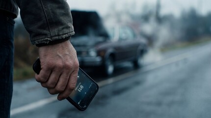 Close up of male hand holding smartphone with 911 dialed near smoking car. Concept of emergency call, vehicle breakdown and road assistance service.