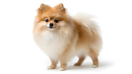 Fluffy and Adorable Pomeranian Dog Standing Alertly on a Clean Isolated White Background