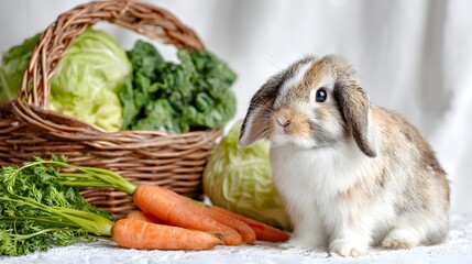 Cute Lop Rabbit Sitting Next to a Basket of Fresh Carrots and Cabbage in Soft Natural Light