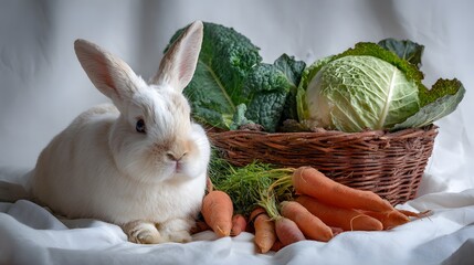Adorable White Rabbit Posing Beside a Woven Basket Filled with Fresh Spring Vegetables