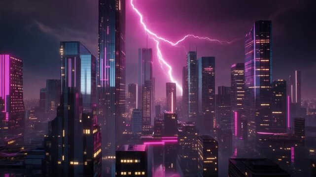 A cyberpunk city glows with neon lights at night as a vivid pink lightning strike illuminates the dark sky.