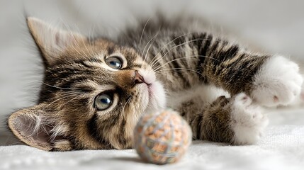 Adorable Tabby Kitten Relaxing and Playing with a Toy Ball in Soft Focus Setting