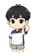 Obraz premium Cute Chibi Boy with Dark Hair and a Playful Pose, Adorable Cartoon Character Illustration