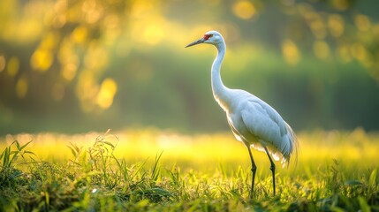 Fototapeta premium A beautiful white crane stands gracefully in a lush green field, illuminated by the warm glow of the sun, creating a serene and picturesque scene of nature's tranquility
