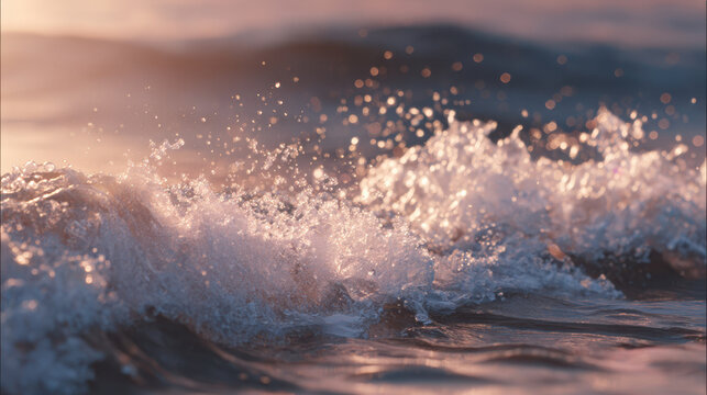 Soft ocean wave splashing with sparkling water droplets in warm sunset light, creating peaceful and calming coastal scene