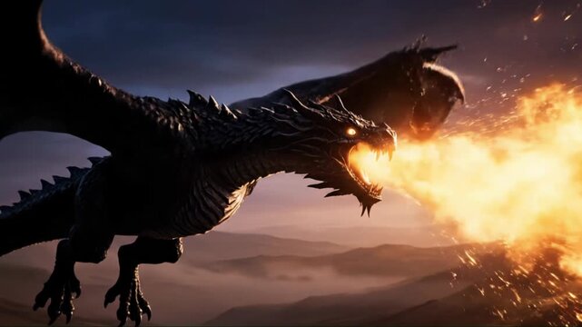 A powerful dragon seen flying across a dramatic twilight sky, majestically breathing fire over a rugged fantasy mountain landscape from a low angle.