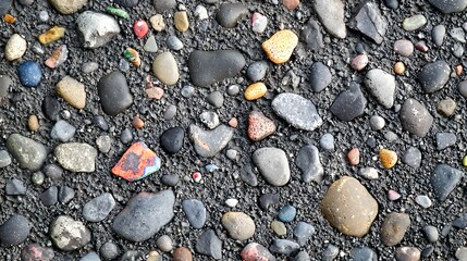 Macro image revealing colorful gravel stones embedded in dark concrete, ideal for landscape architecture, construction texture backgrounds, design concepts, and digital artwork.