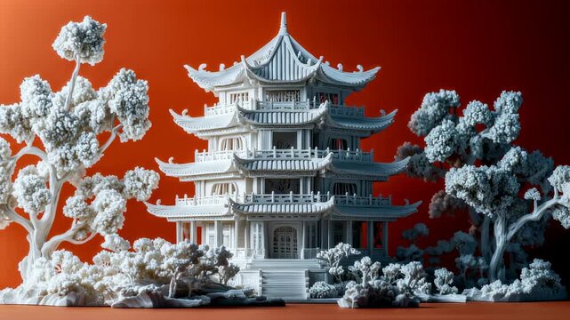 Exquisite Architectural Model of a Chinese Pagoda Amidst Sculpted Serenity