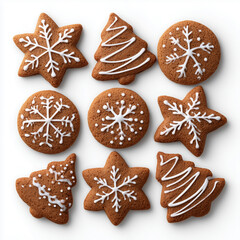 gingerbread christmas cookies with icing on white background
