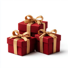 red gift boxes with golden ribbons on white background
