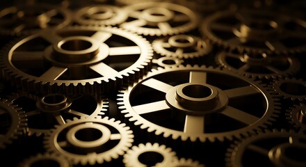 Golden gear wheels interconnected, symbolizing industrial mechanism and precision