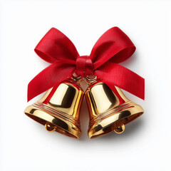 gold christmas bells with red ribbon on white

