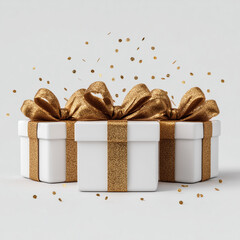 gold gift boxes with confetti on white background
