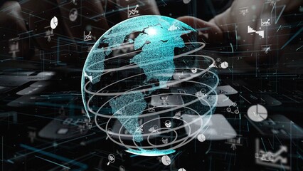 A captivating representation of a digital globe surrounded by data visuals, illustrating the interconnectedness of modern business and technology systems. Xenic