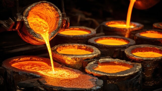 Industrial medium shot of bright molten copper being poured into various alloy molds emphasizing craftsmanship and metalworking techniques. - Powered by Adobe