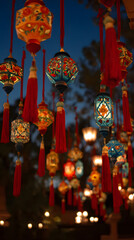 Naklejka premium Colorful Chinese lanterns with decorative tassels glowing in the night for festive Lunar New Year celebration ambiance