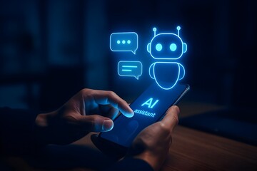 AI assistant interaction, Person using smartphone chatbot powered by artificial intelligence. Virtual assistant apps, smart support systems, machine learning, digital communication concepts