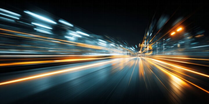 Streaking lights on a dark road suggest rapid movement and urban speed.
