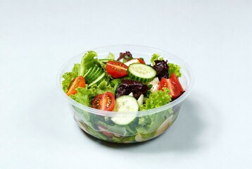 Fresh Green Salad with Organic Vegetables in Plastic Bowl - Healthy Vegan Meal Prep with Tomatoes, Cucumbers, and Leafy Greens for Nutritional Lunch