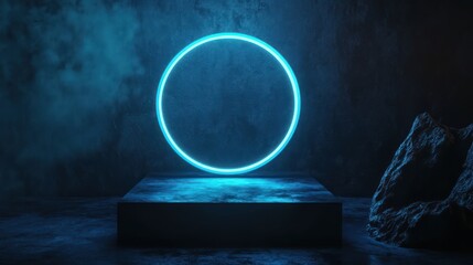 a captivating scene featuring a luminous blue circle floating above a dark textured platform in a moody and atmospheric setting, rocks