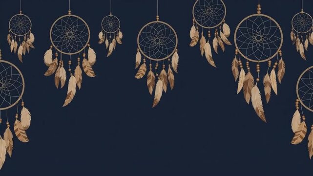 hanging dreamcatchers with feathers and tribal geometric border on dark blue background. native american heritage month celebration. banner, poster, social media post.