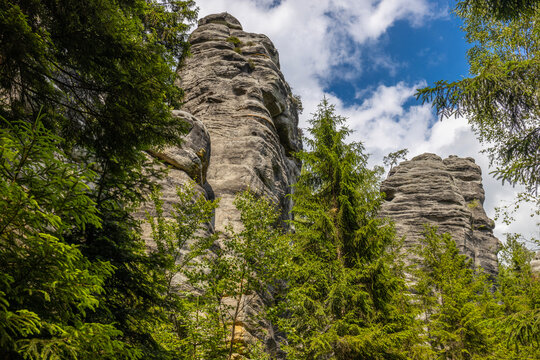 Adrspach Teplice Skaly Rocks natural rock formation towers in Czech Republic. Beautiful towering sandstone rock formations among the forest. Adrspach and Teplice rocks natural park landscape