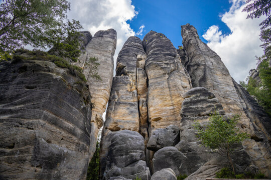 Adrspach Teplice Skaly Rocks natural rock formation towers in Czech Republic. Beautiful towering sandstone rock formations among the forest. Adrspach and Teplice rocks natural park landscape