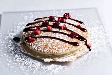 Elegant Homemade Pancake Dessert with Cocoa Syrup, Fresh Berries, and Whipped Cream - An Indulgent Gourmet Breakfast Treat 
