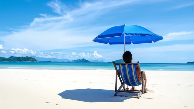A serene beach scene with a person relaxing under a blue parasol enjoying the view of the sea.