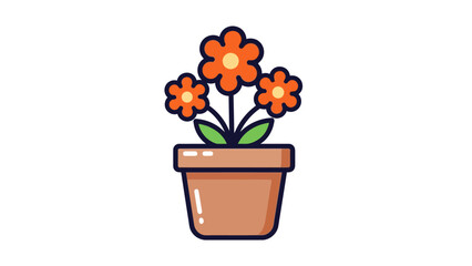 Naklejka premium Cartoon illustration of three orange flowers with green leaves in a brown ceramic pot