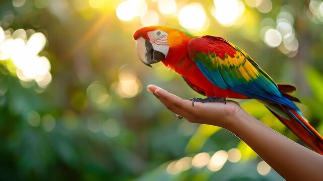 A vibrant parrot perches on a hand in a sunlit tropical setting with lush greenery all around