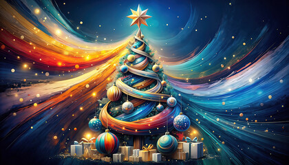 Choinka na Boże Narodzenie z bombkami i gwiazdą betlejemską na czubku. Żywe kolory ilustracji prezentującej kształt choinki bożonarodzeniowej.