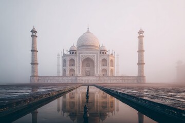 Fototapeta premium White marble mausoleum reflected in water on a foggy day.