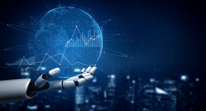 A futuristic robotic hand holds a digital globe featuring financial graphs, symbolizing technological advancement and the intersection of innovation and finance. Scalp - Powered by Adobe