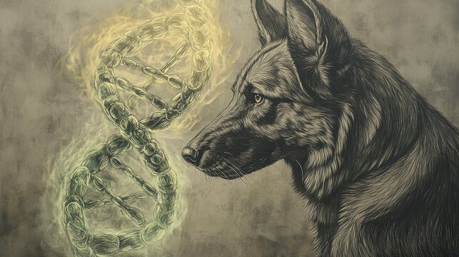 A dark dog with swirling genetic code - Powered by Adobe
