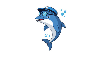 A cartoon dolphin wearing sunglasses and a cap, surrounded by bubbles, set on a white background