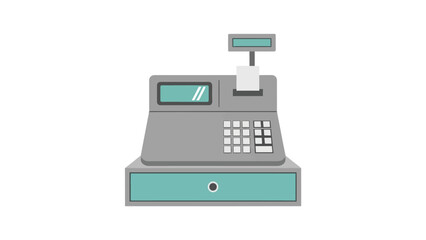 A simple illustration of a cash register, featuring a display, keypad, and a receipt dispenser