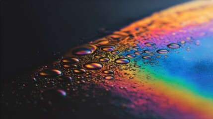 Colorful droplets create a rainbow effect on a surface with dark background during a close-up macro photography session