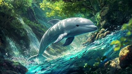 Fototapeta premium A dolphin leaps through a lush, vibrant jungle stream