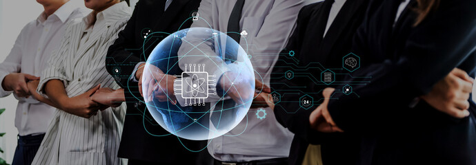 A diverse group of business professionals stands confidently in a modern workspace, surrounded by futuristic technology graphics, emphasizing innovation and collaboration. Trope