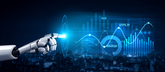 A futuristic robotic hand reaches out to interact with vibrant digital graphs and charts,...