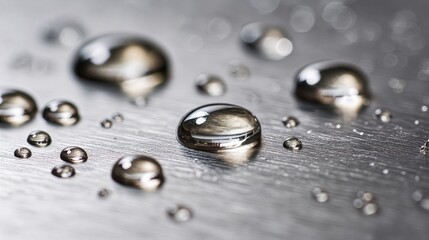 Close-up view of water droplets on a metallic surface reflecting light in a visually intriguing manner