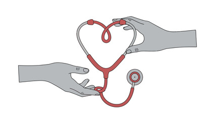 Illustration of a stethoscope shaped into a heart, held by gray hands, on a white background
