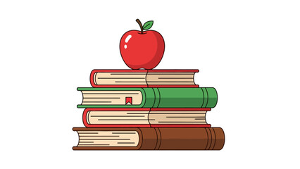 A stack of illustrated books with a red apple on top, isolated on white background